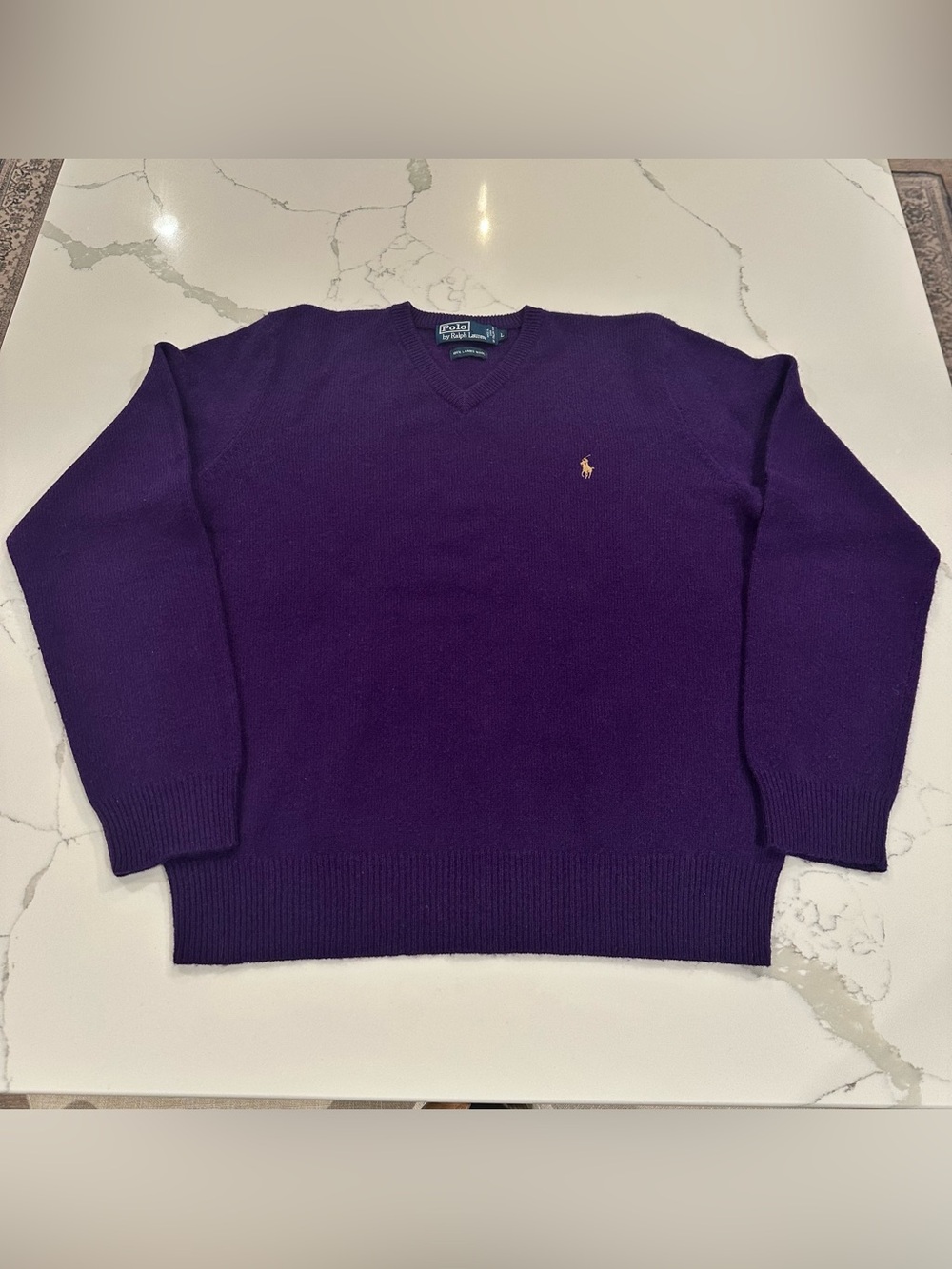 Vintage Polo Ralph Lauren Wool Sweater Mens L Purple Knit V-Neck Preppy Heritage